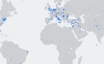 Maailman kartta, jossa näkyy sinisiä pisteitä