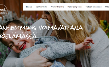 Duuni -hankkeen verkkosivujen etusivun kuvakaappaus, jossa äiti pitelee nauravaa lasta sylissään.